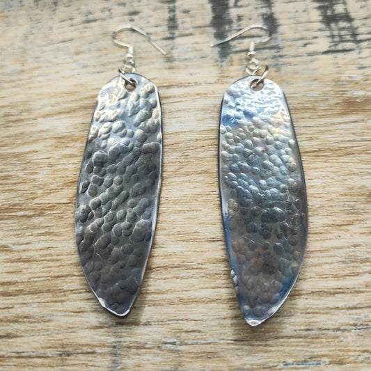 Hammered/oil quenched stainless steel fish knife drop earrings