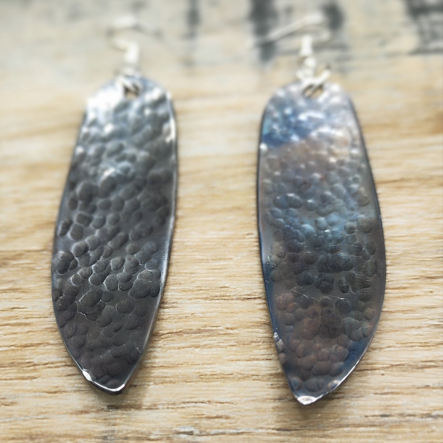 Hammered/oil quenched stainless steel fish knife drop earrings