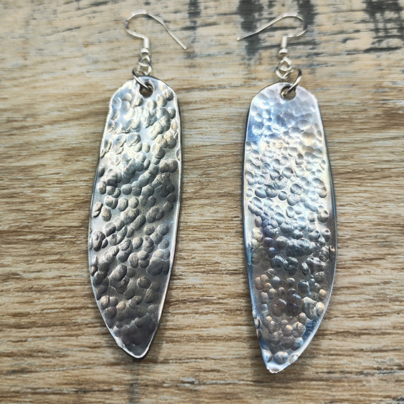 Hammered/oil quenched stainless steel fish knife drop earrings