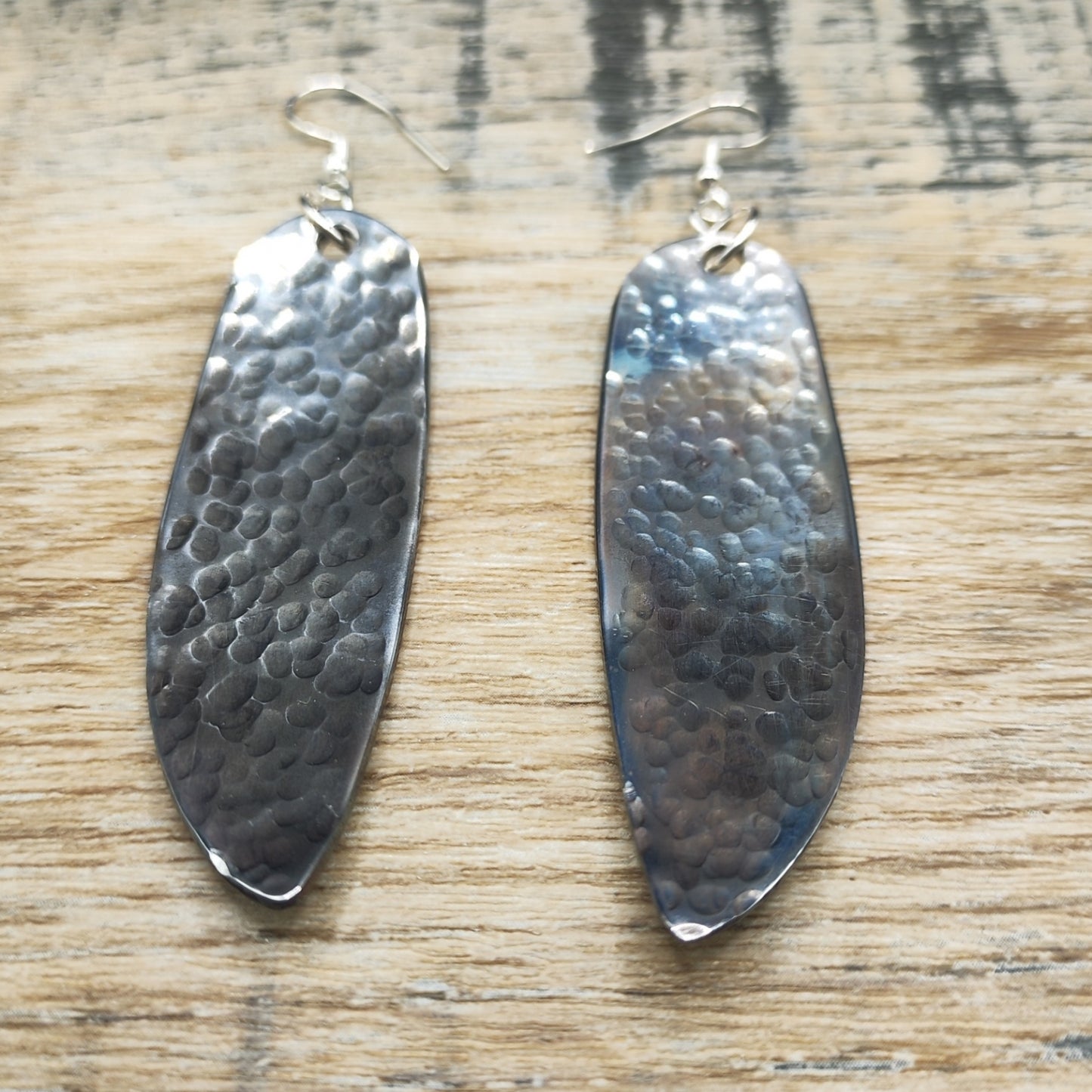 Hammered/oil quenched stainless steel fish knife drop earrings